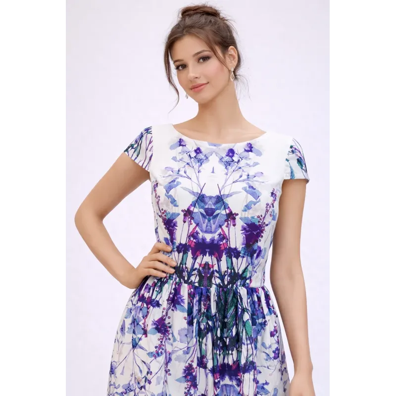 Vestido blanco estampado corto con manga corta abierta y falda fruncida para mujer