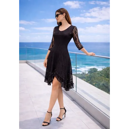 vestido encaje negro fluido con mangas largas y diseño romántico para mujer