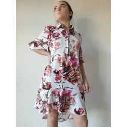 pink floral midi dress with shirt collar and short sleeves