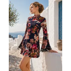 Short floral A-line dress romantic long sleeves ruffle tulle | Short dresses | Buscarmoda