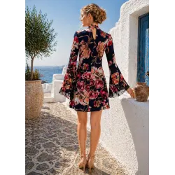 Romantic A-line floral short dress with high neck, back view | Short dresses | Search fashion