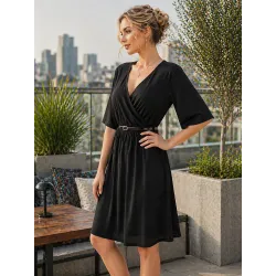 black v neck dress side view mid sleeve | Short dresses | Buscarmoda