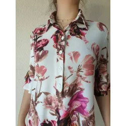 Pink floral midi shirt dress front view | Dresses | Buscarmoda