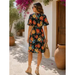 vestido floral negro mujer vista trasera corto ajustado escote cruzado | Vestidos cortos | Buscarmoda