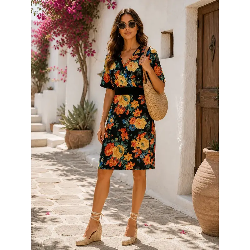 vestido floral negro mujer corto ajustado escote cruzado manga corta
