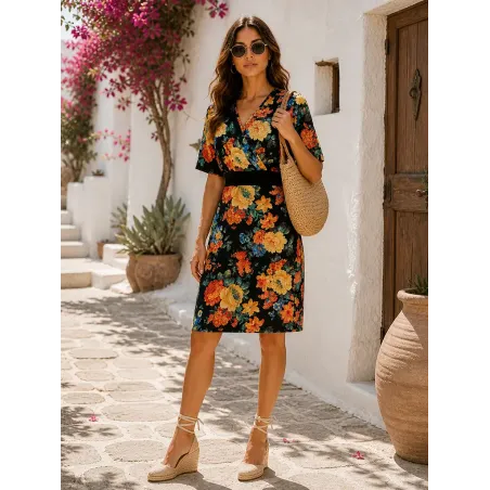 vestido floral negro mujer corto ajustado escote cruzado manga corta