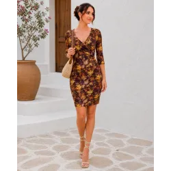 Vestido corto hojas otoño mujer con escote en V y drapeado lateral