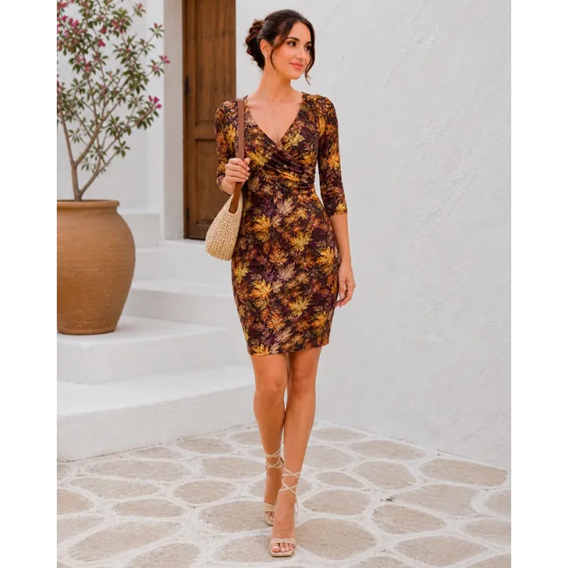 Autumn leaves short dress for women front view
