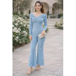 Draped elastic jumpsuit women with Bardot neckline, long sleeves and flared trousers for elegant events