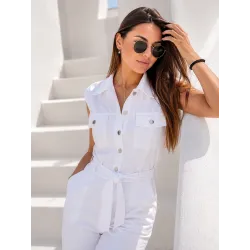Mono largo blanco mujer con cuello camisero y cinturón ajustable
