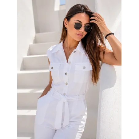 Women's white long jumpsuit with shirt collar and adjustable belt