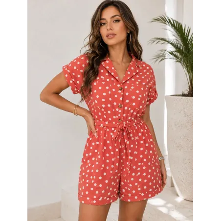 Polka dot short playsuit women in coral colour with belt and short sleeves