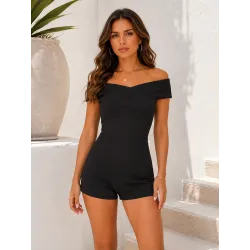Black bardot short playsuit front view | Short playsuit | Buscarmoda