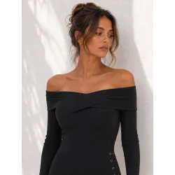 Vestido negro bardot canalé detalle escote %separator% Vestidos mini %separator% Buscarmoda