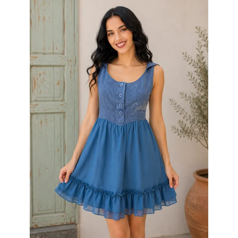 Vestido corto azul capucha para mujer con volante de gasa y diseño casual de verano