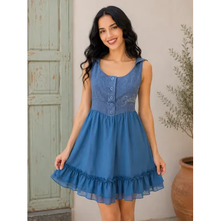Blue hooded short dress for women with ruffle hem and casual summer style