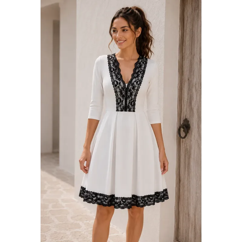 Elegant white dress black lace with v neckline and three quarter sleeves