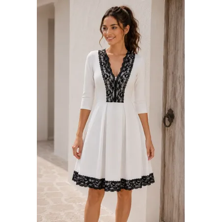 Elegant white dress black lace with v neckline and three quarter sleeves