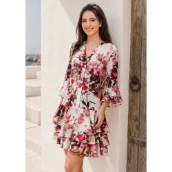 Floral mandarin collar dress with V neckline, ruffles and warm floral print for women