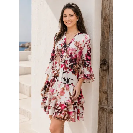 Floral mandarin collar dress with V neckline, ruffles and warm floral print for women