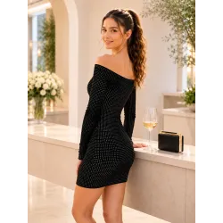 Vestido terciopelo negro brillante escote bardot vista trasera | Vestidos cortos | Buscarmoda