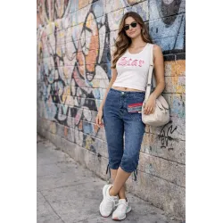 Heart Pocket Capri Jeans women blue with red zip detail and ruched side