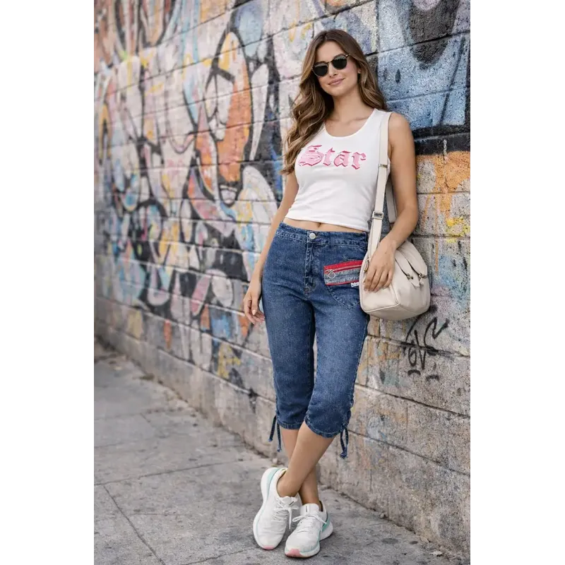 Heart Pocket Capri Jeans women blue with red zip detail and ruched side