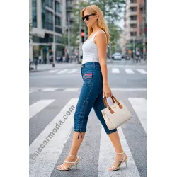 Heart Pocket Capri Jeans Women detail ruched side leg adjustable %separator% Capri jeans %separator% Buscarmoda