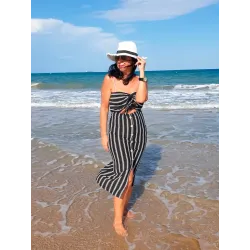 Vestido rayas palabra honor midi verano blanco negro palabra de honor con botones frontales