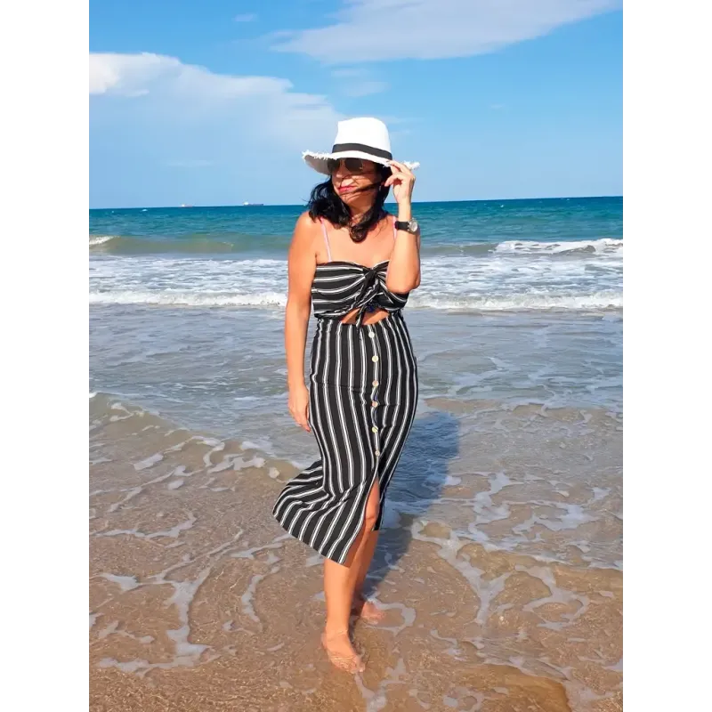 Vestido rayas palabra honor midi verano blanco negro palabra de honor con botones frontales