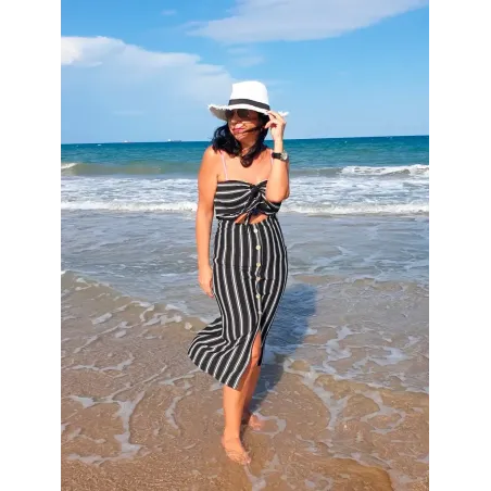 Striped strapless midi dress black and white summer woman with front knot and buttons beach style