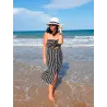 Striped strapless midi dress black and white summer woman with front knot and buttons beach style
