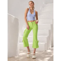 Green Midi Flared Trousers front view with adjustable buckles