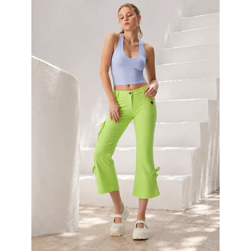 Green Midi Flared Trousers front view with adjustable buckles