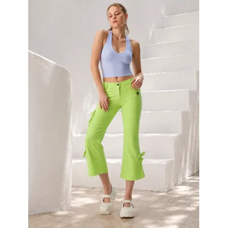 Green Midi Flared Trousers front view with adjustable buckles
