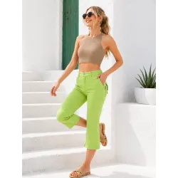 Lime Green Cropped Trousers front view with high waist and front slant pocket
