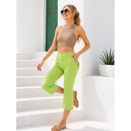Lime Green Cropped Trousers front view with high waist and front slant pocket
