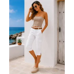 Pantalón pirata blanco de lino vista frontal con bolsillos cargo y tiro medio
