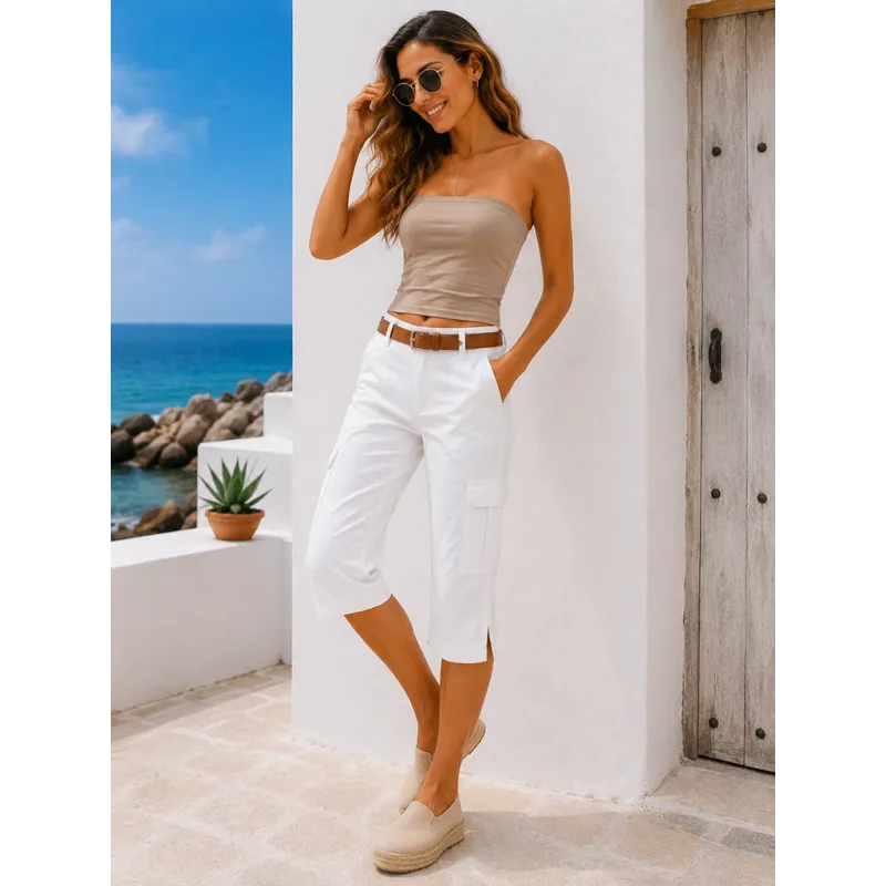 Pantalón pirata blanco de lino vista frontal con bolsillos cargo y tiro medio