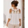 Top de hombro descubierto blanco vista trasera con canesú bordado y manga corta