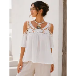 Top de hombro descubierto blanco de algodón con bordado floral y hombros descubiertos para mujer