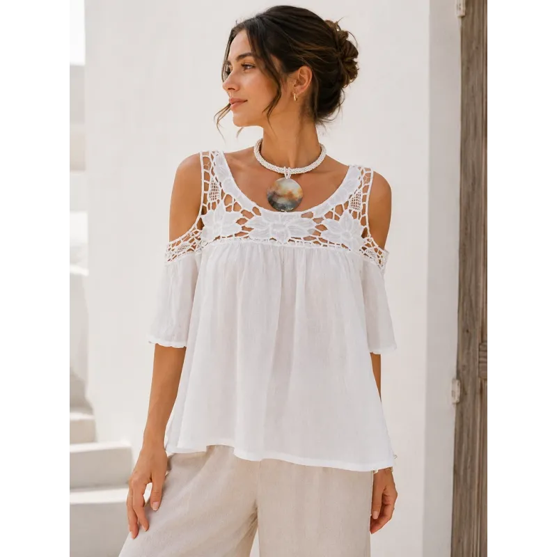 Top de hombro descubierto blanco de algodón con bordado floral y hombros descubiertos para mujer