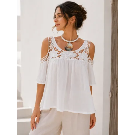 Top de hombro descubierto blanco de algodón con bordado floral y hombros descubiertos para mujer