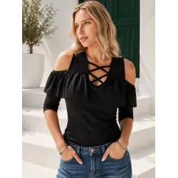 Short Sleeve Top with Ruffle front view with off shoulder neckline and front ruffle | Tops | Buscarmoda