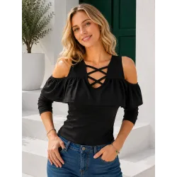 Top manga corta volante negro con hombros descubiertos, volante delantero y escote cruzado para mujer