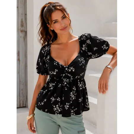 Black Floral Cropped Top in soft stretch knit with sweetheart neckline, gathered bust, puff sleeves and white floral print