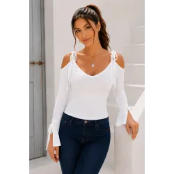 Long Sleeve Off-Shoulder Top white ribbed knit off shoulder top with adjustable shoulder ties and open ruffled cuffs