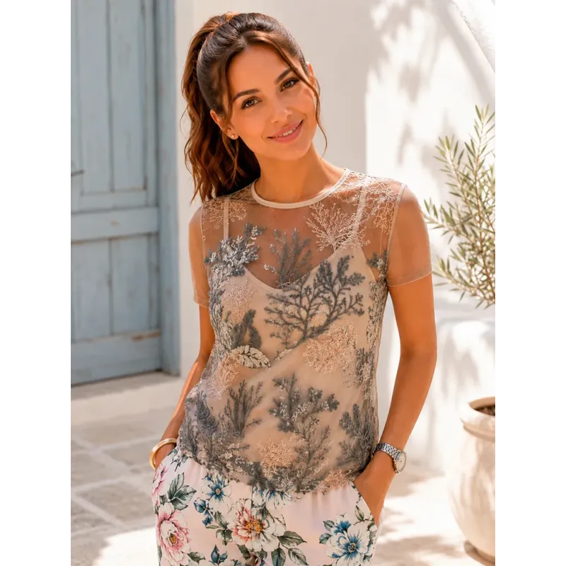 Floral Pink Blouse with Lace featuring embroidered sheer mesh, floral embroidery and blush pink inner camisole
