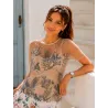 Floral Pink Blouse with Lace front view featuring embroidered sheer mesh and round neckline | Tops | Buscarmoda