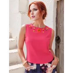 Short Beaded Neckline Top magenta pink sleeveless chiffon top with colourful beaded neckline